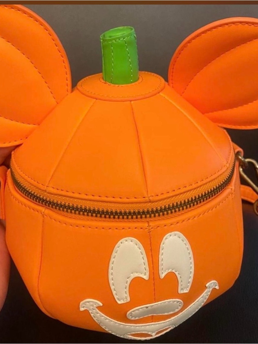 Loungefly Orange Pumpkin Mickey Ear Crossbody Bag with Green Stem